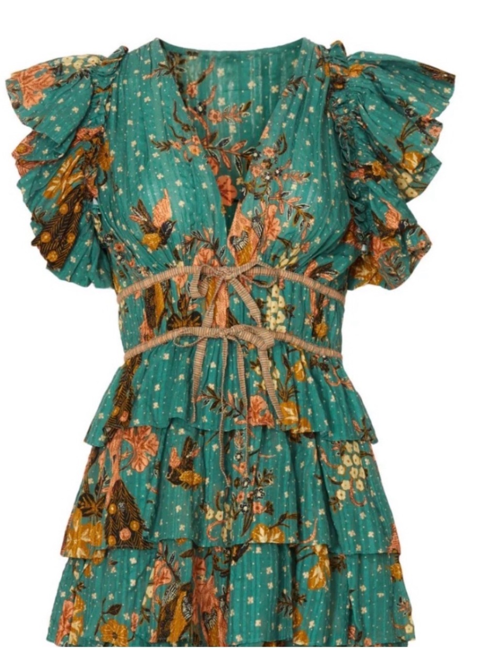Ulla Johnson Size 0 Marni Green Floral Ruffle Sleeves Tie Hourglass Mini Dress